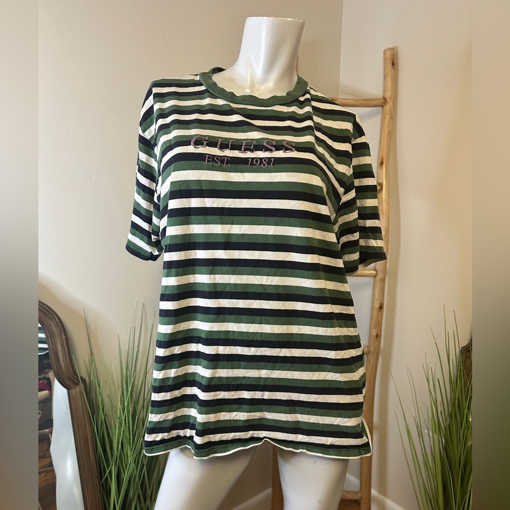 GUESS VINTAGE Y2K Medium Green White Striped T-Shirt